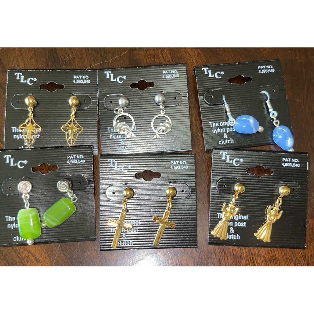 TLC Nylon Post Earring Lot 6 Pairs Hypoallergenic Cross Angel Dolphin Glass Bead